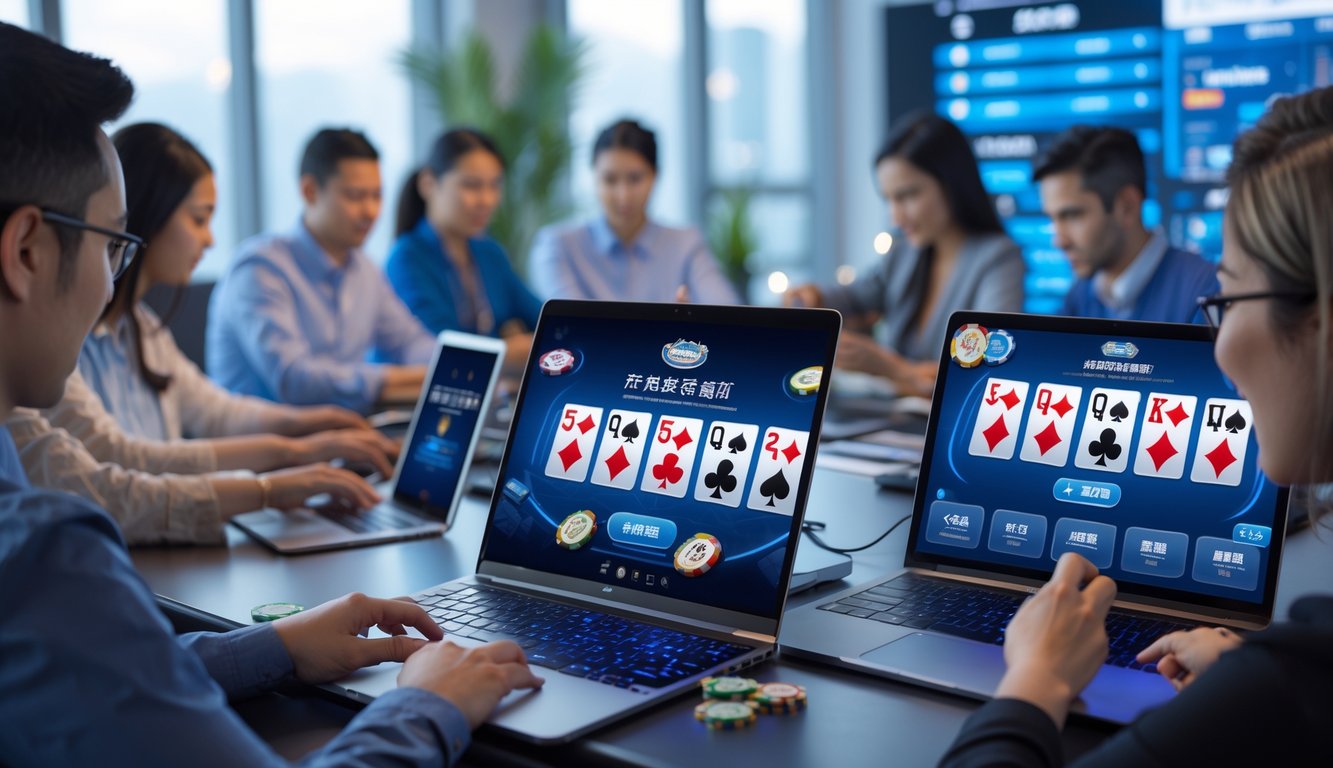 Beberapa orang menggunakan perangkat digital untuk bermain poker online di lingkungan modern yang nyaman.
