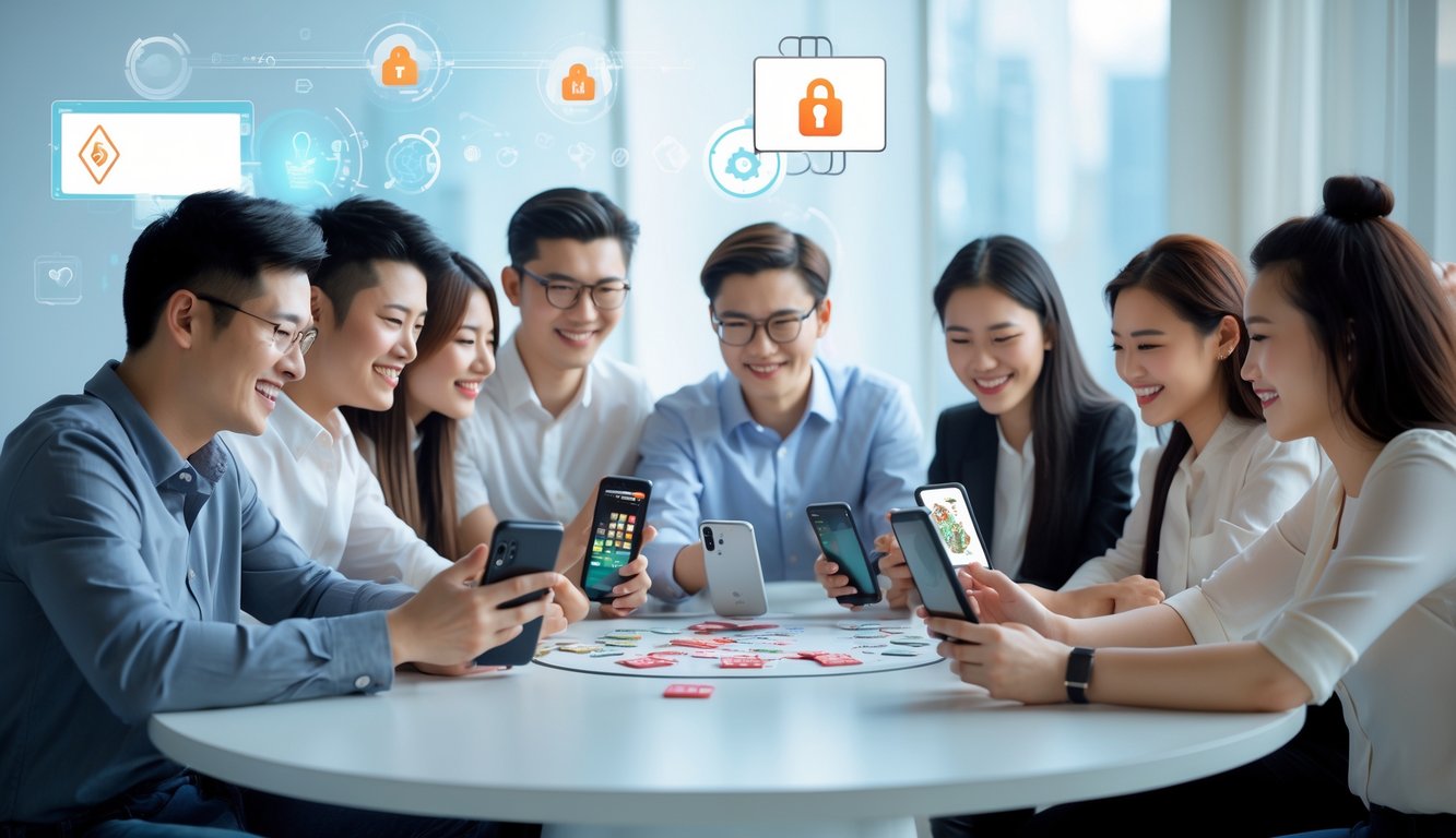 Sekelompok orang muda bermain Chinese Poker online bersama-sama di meja modern dengan perangkat digital, terlihat fokus dan senang dalam suasana yang cerah dan ramah.