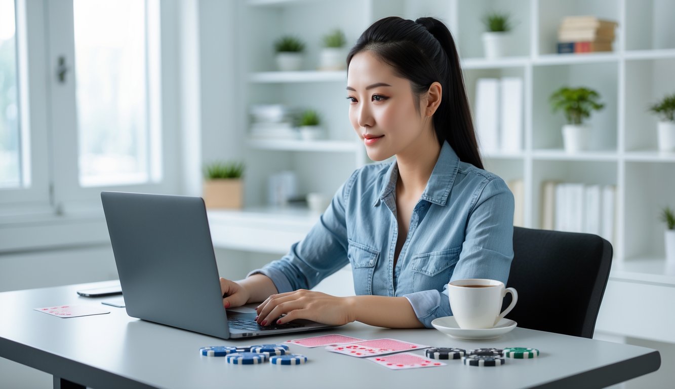 Seorang wanita muda Asia duduk di meja dengan laptop dan smartphone, di meja terdapat chip poker dan kartu remi, menunjukkan aktivitas poker online.