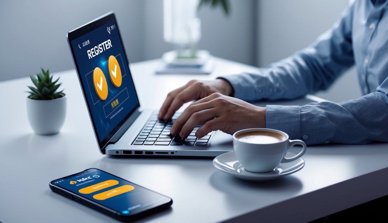 Seseorang sedang menggunakan laptop untuk mendaftar di platform poker online dengan suasana meja kerja yang rapi dan terang.