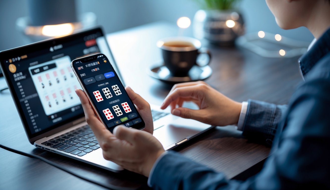 Seseorang menggunakan ponsel dengan aplikasi permainan poker Cina di meja kerja modern dengan laptop dan cangkir kopi.