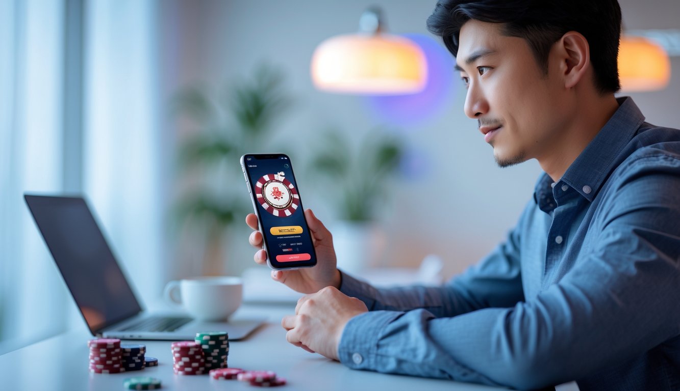 Seorang pria Asia muda sedang menggunakan ponsel pintar dengan aplikasi permainan poker Cina di layar, duduk di meja dengan latar belakang peralatan teknologi dan suasana nyaman.