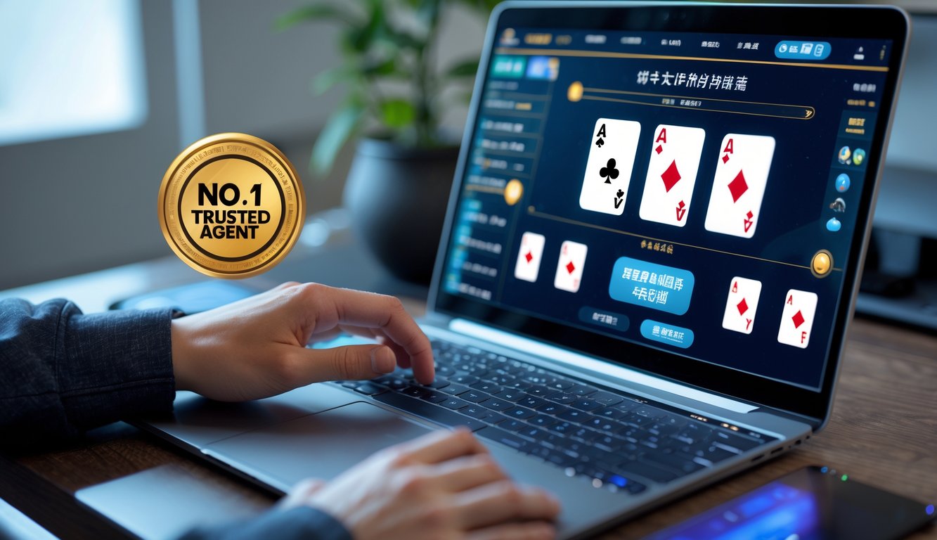 Seorang pemain sedang menggunakan komputer untuk bermain poker Cina online di ruang kerja yang rapi dan terang.