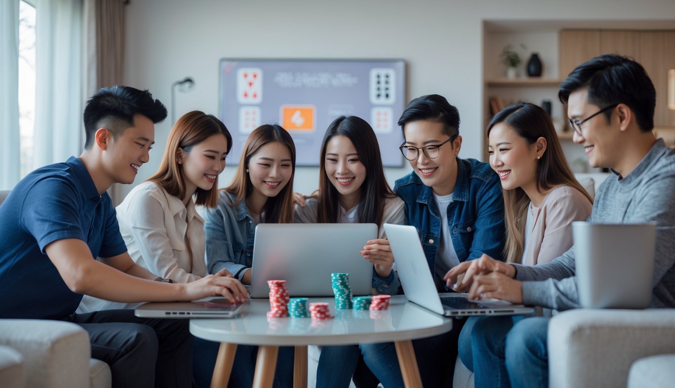 Sekelompok orang muda bermain poker online bersama di ruang tamu modern dengan laptop dan ponsel.