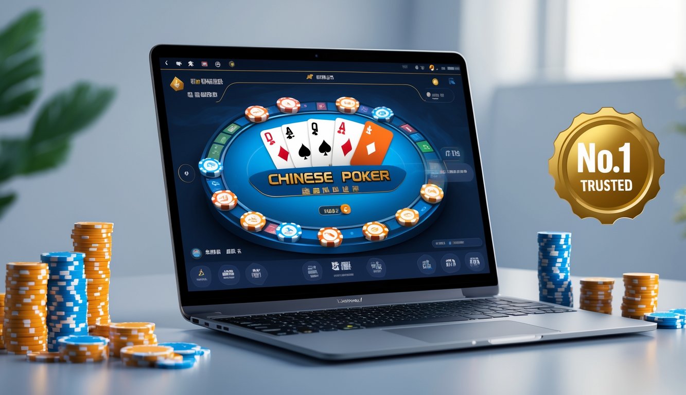 Seorang pemain menggunakan laptop dengan permainan poker Cina online yang terlihat di layar, di meja yang rapi dan modern.