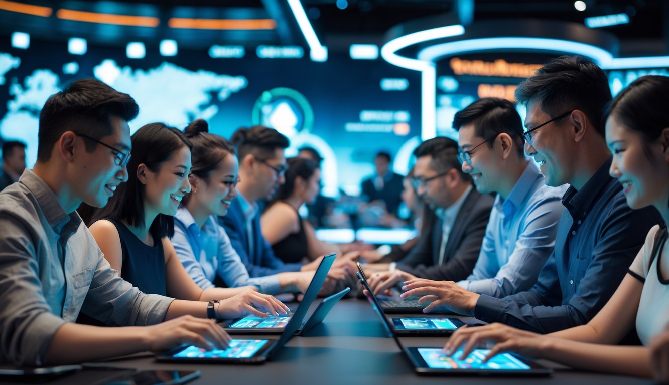 Beberapa orang sedang bermain Chinese Poker secara online menggunakan perangkat digital di lingkungan yang modern dan profesional.