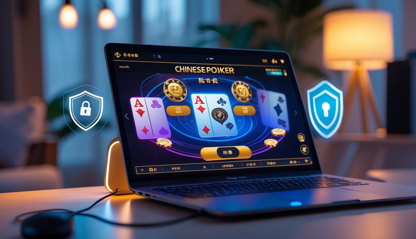 Sebuah setup komputer modern menampilkan permainan Chinese Poker online dengan kartu dan chip, di lingkungan rumah atau kantor yang nyaman.