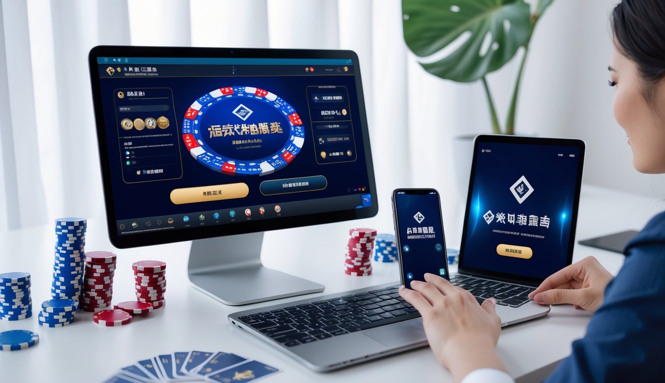 Sebuah meja kerja dengan komputer menampilkan permainan Chinese Poker online, dikelilingi oleh chip poker dan kartu remi, menunjukkan suasana permainan poker online yang profesional dan terpercaya.