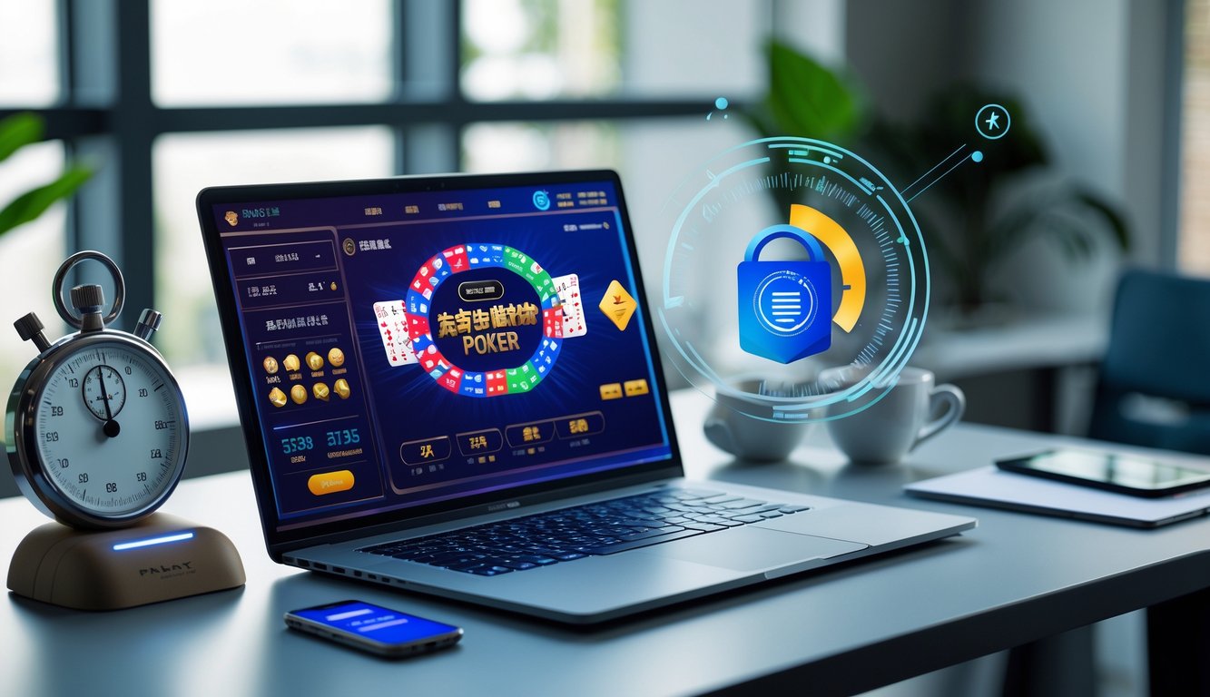 Sebuah meja kerja modern dengan laptop yang menampilkan permainan Chinese Poker online, dikelilingi oleh elemen yang menggambarkan kecepatan dan keamanan transaksi.