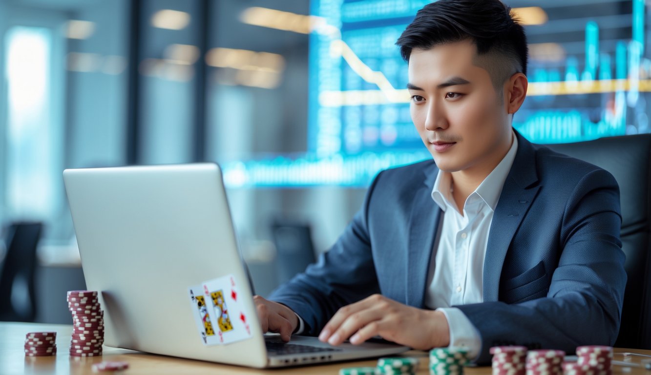 Seorang agen poker online duduk di depan laptop dengan kartu poker dan chip di meja, menunjukkan suasana kerja yang profesional dan terpercaya.
