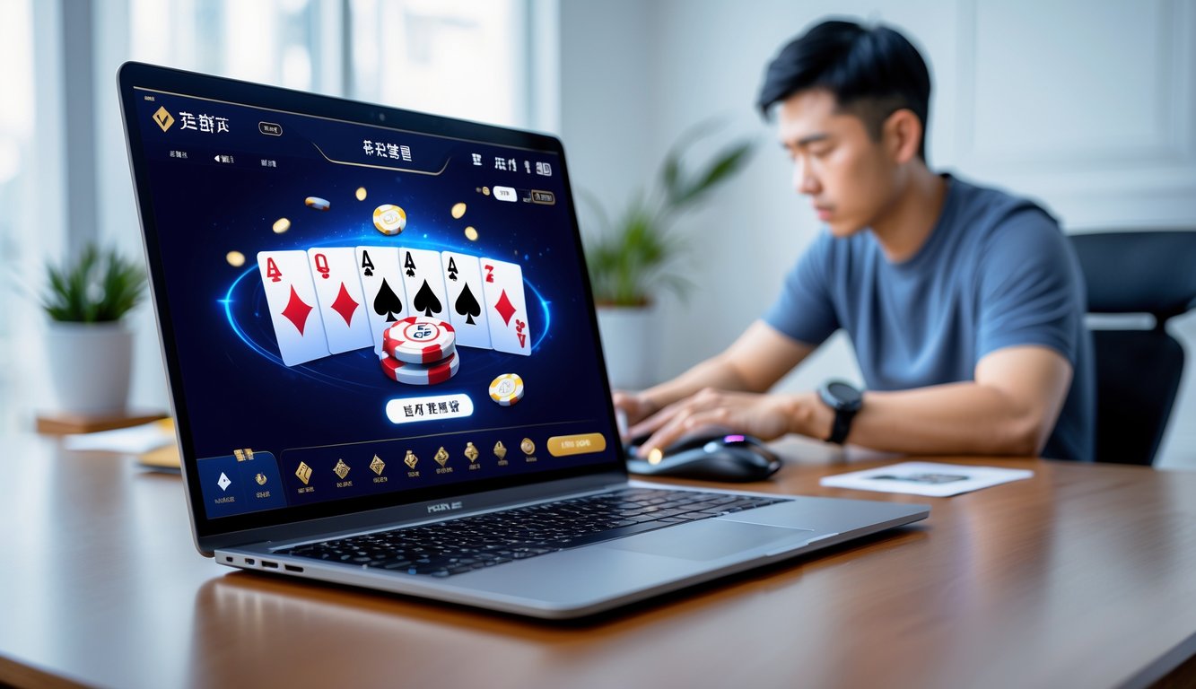 Seorang pemain muda sedang menggunakan laptop dan ponsel untuk bermain poker Cina online di meja kayu dengan latar ruangan terang dan rapi.