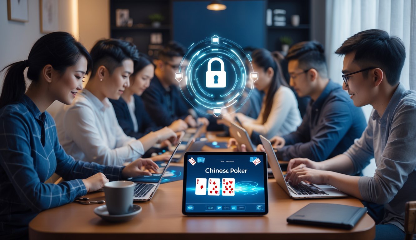 Beberapa orang bermain poker online menggunakan laptop dan tablet di ruangan yang nyaman dengan pencahayaan hangat.