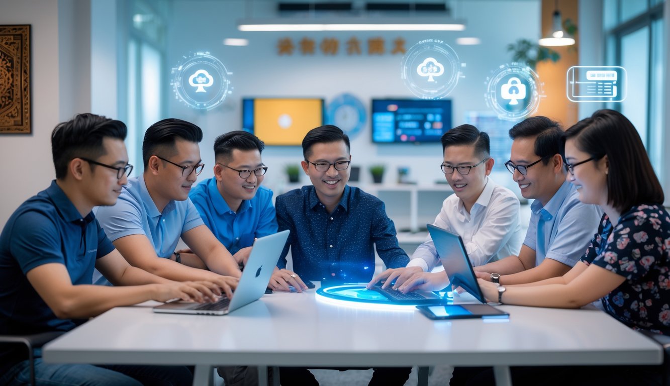 Sekelompok orang sedang bermain poker China secara online di ruang kantor modern dengan perangkat digital.