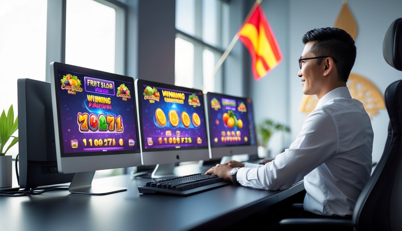 Seorang agen slot buah online yang percaya diri duduk di depan komputer dengan tampilan permainan slot buah di layar, di kantor modern dengan elemen yang mewakili Indonesia.