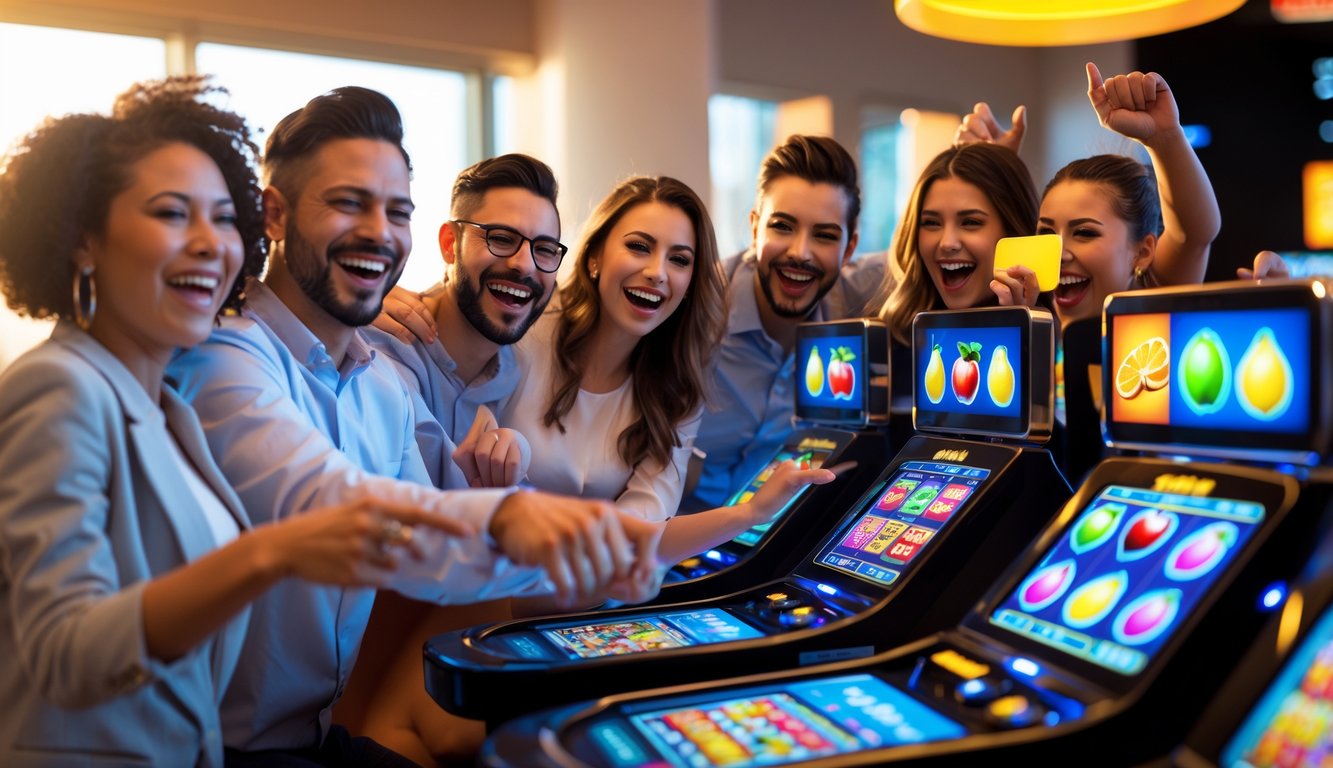 Sekelompok orang dewasa yang bahagia bermain mesin slot buah di lingkungan kasino online yang modern dan cerah.