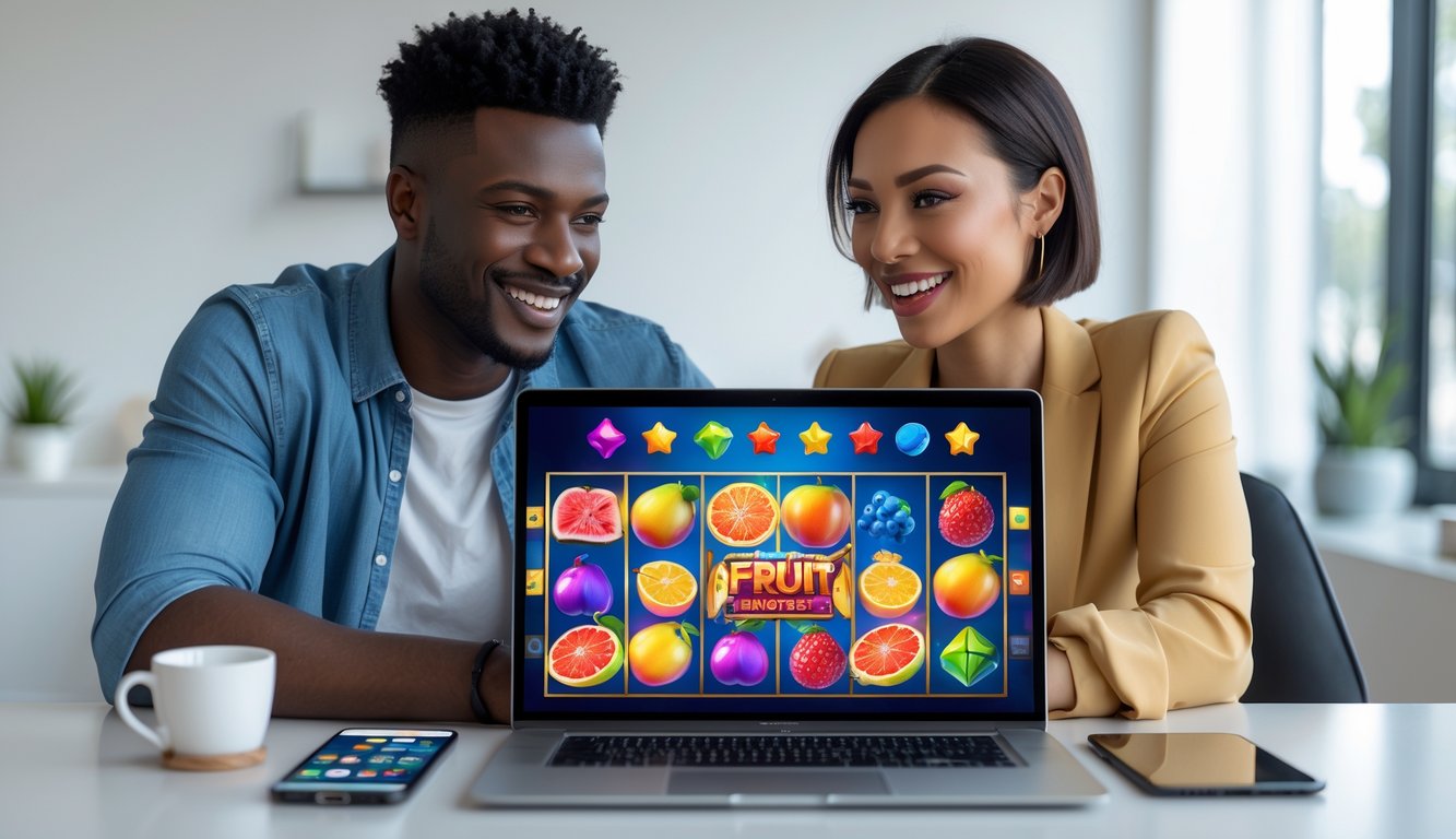 Dua orang muda duduk bersama di meja dengan laptop yang menampilkan permainan slot buah berwarna-warni, terlihat fokus dan bersemangat di ruang kerja yang terang dan rapi.