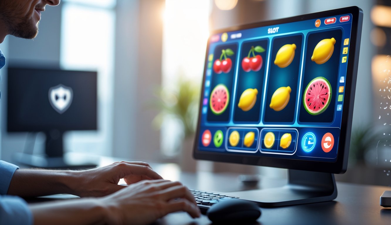 Seseorang menggunakan komputer dengan layar menampilkan ikon mesin slot buah yang berwarna-warni, menunjukkan suasana permainan slot online yang aman dan terpercaya.