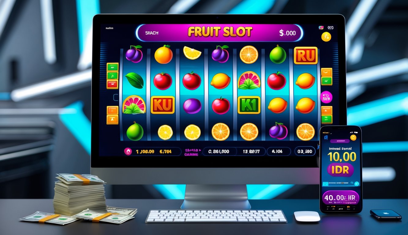 Layar komputer menampilkan permainan mesin slot buah yang berwarna-warni dengan uang rupiah dan ponsel di meja.