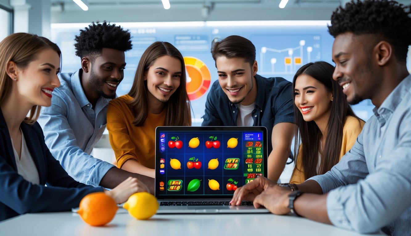 Sekelompok orang muda sedang berkumpul di sekitar laptop yang menampilkan permainan slot buah online dengan simbol buah berwarna-warni di layar.