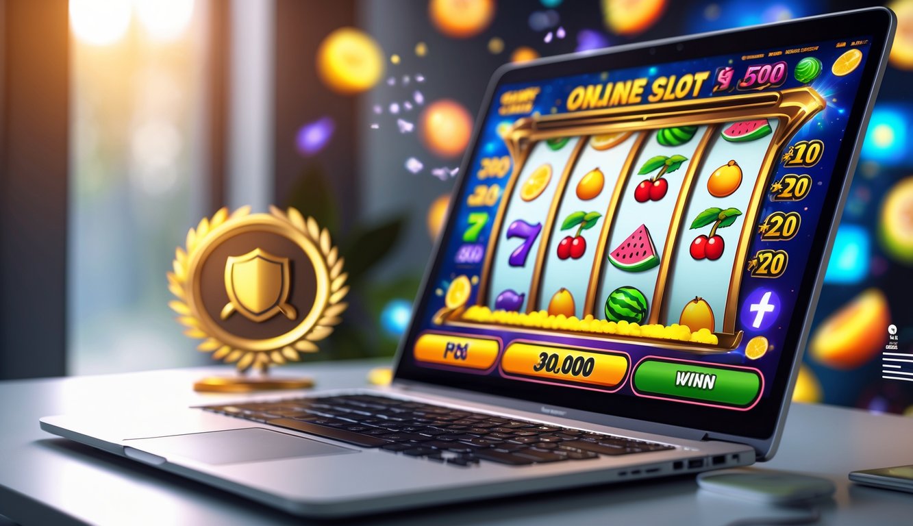 Seorang pengguna sedang bermain mesin slot buah online di komputer dengan tampilan jackpot besar dan simbol buah warna-warni.