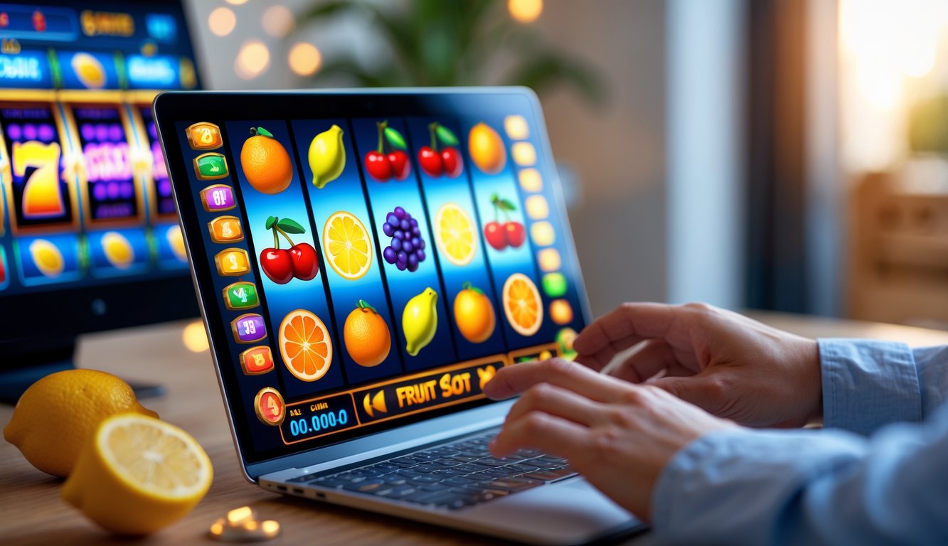 Seseorang menggunakan komputer dengan tampilan permainan mesin slot buah yang berwarna-warni di layar.