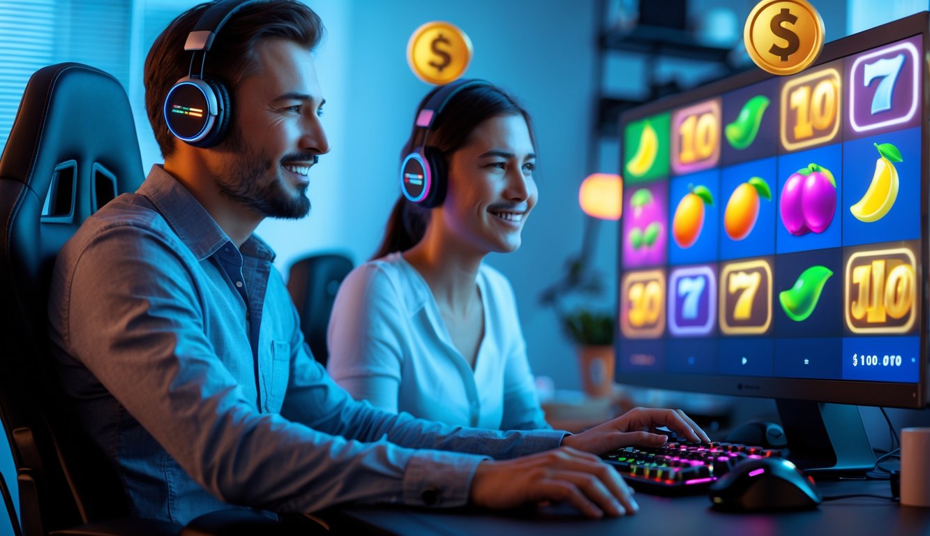 Dua orang dewasa sedang bermain game slot buah secara online di komputer di ruangan yang terang dan modern.