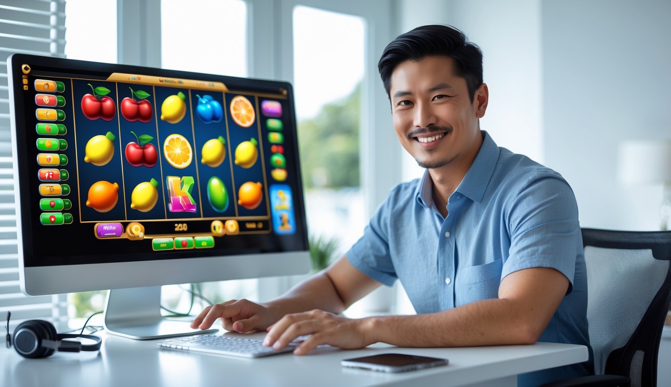 Seorang pria Asia Tenggara tersenyum duduk di depan komputer dengan permainan slot buah di layar, di ruang kerja rumah yang terang dan rapi.