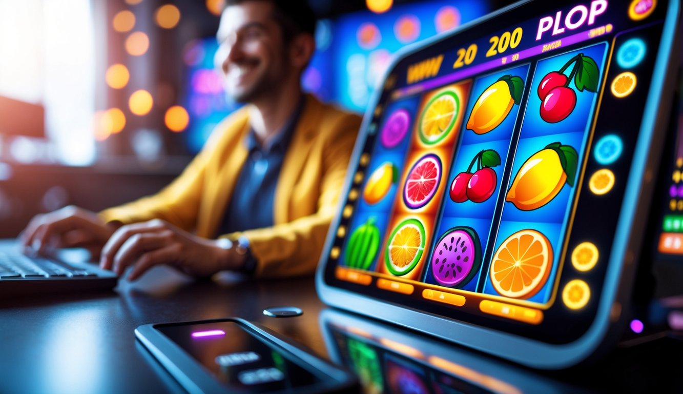 Seseorang sedang menikmati permainan slot buah secara online dengan tampilan mesin slot berwarna-warni di layar perangkat digital.