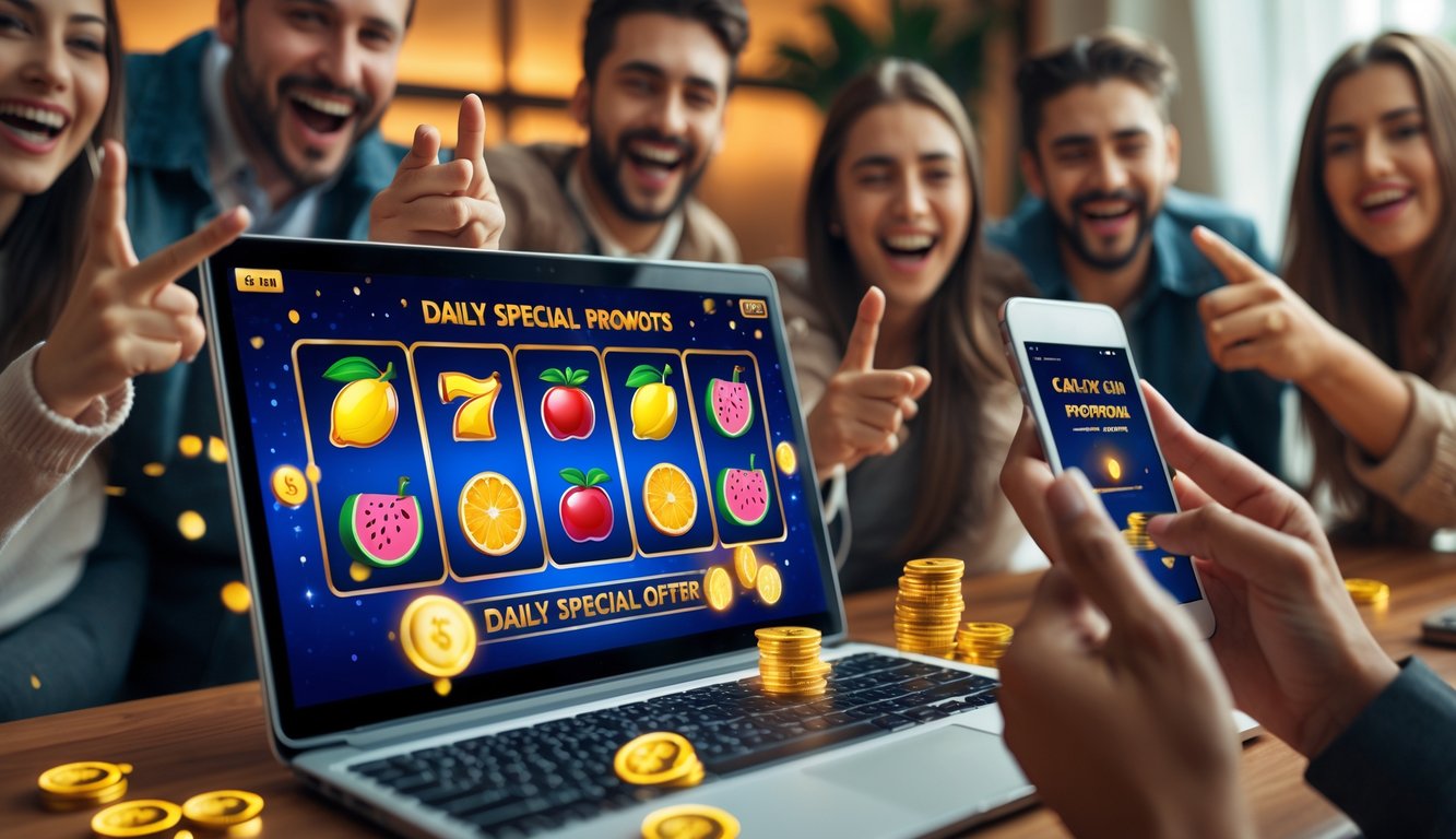 Orang-orang muda yang bahagia merayakan kemenangan di permainan slot buah online dengan layar perangkat digital menampilkan ikon buah yang berwarna-warni dan koin emas mengambang di sekitar.