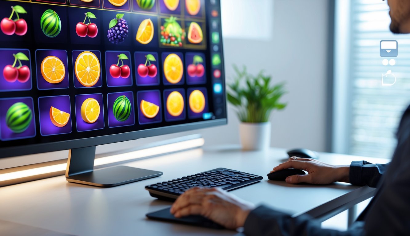 Seseorang bermain mesin slot buah di komputer dengan suasana yang rapi dan terang.