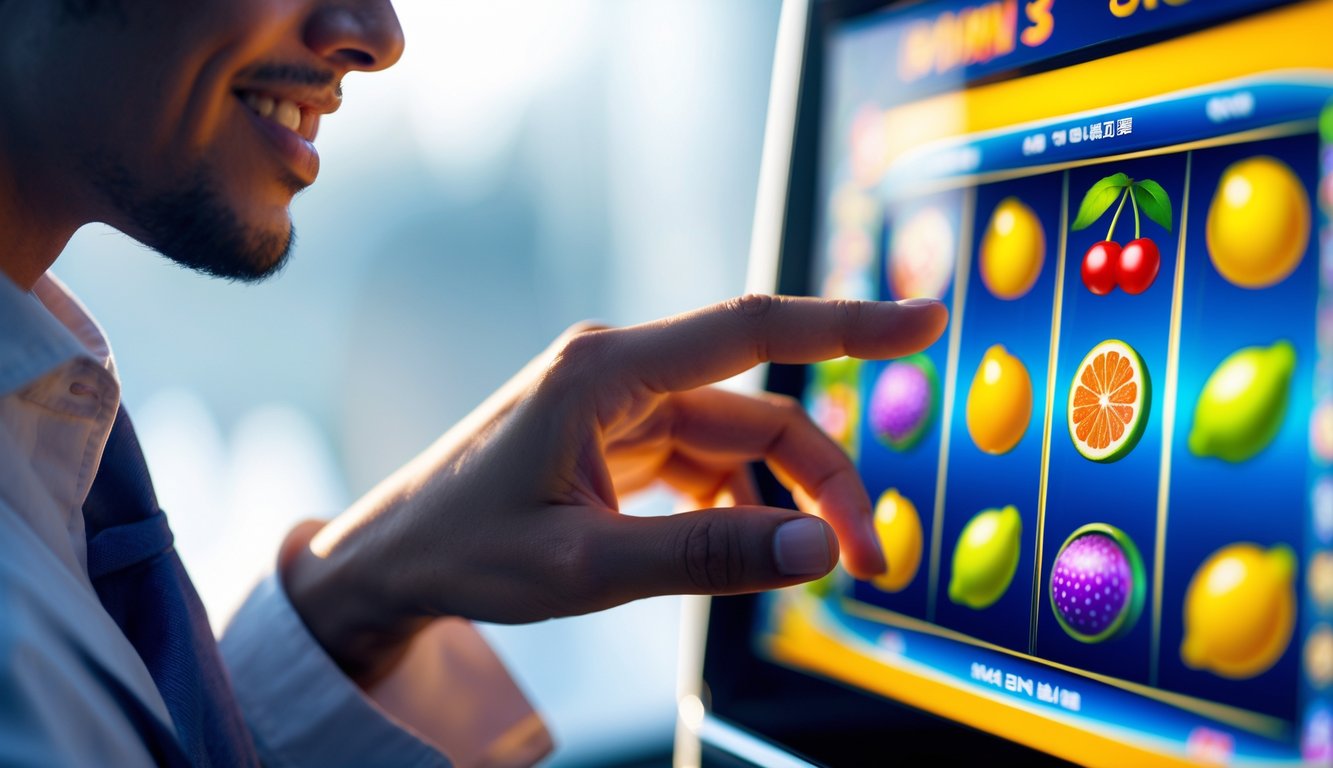 Seseorang menggunakan perangkat layar sentuh dengan mesin slot buah digital yang menampilkan simbol buah berwarna-warni.