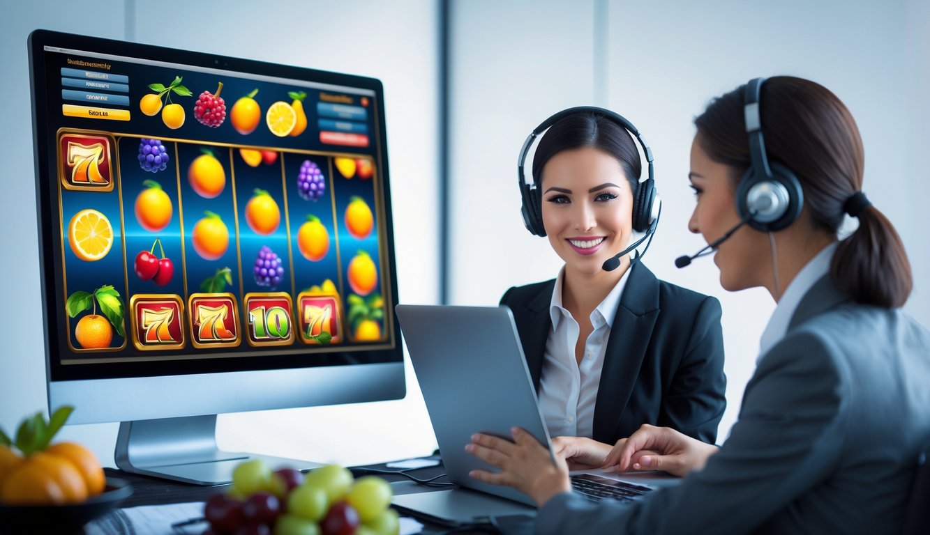Seorang perwakilan layanan pelanggan dengan headset membantu pemain di depan komputer yang menampilkan permainan slot buah berwarna-warni.
