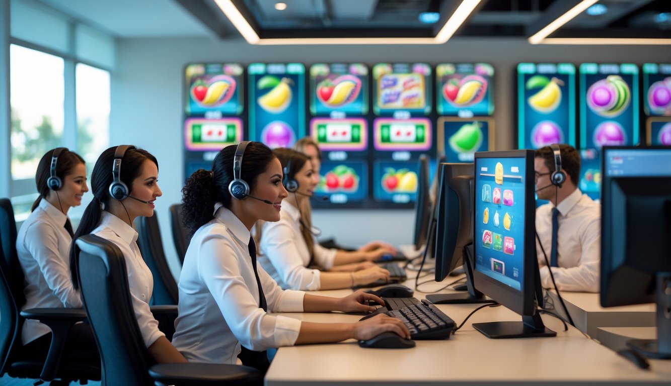 Tim layanan pelanggan yang ramah sedang bekerja di kantor modern dengan layar menampilkan permainan slot buah berwarna-warni.