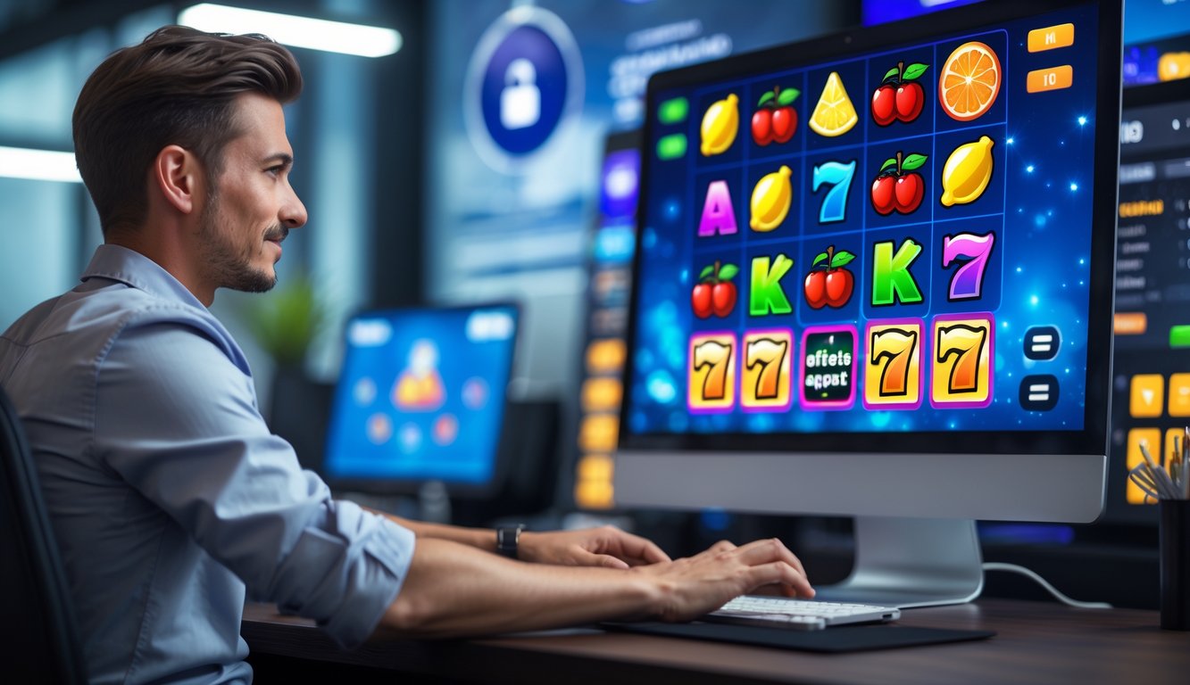 Seseorang menggunakan komputer dengan tampilan permainan slot buah warna-warni di layar dalam suasana kerja modern dan terpercaya.