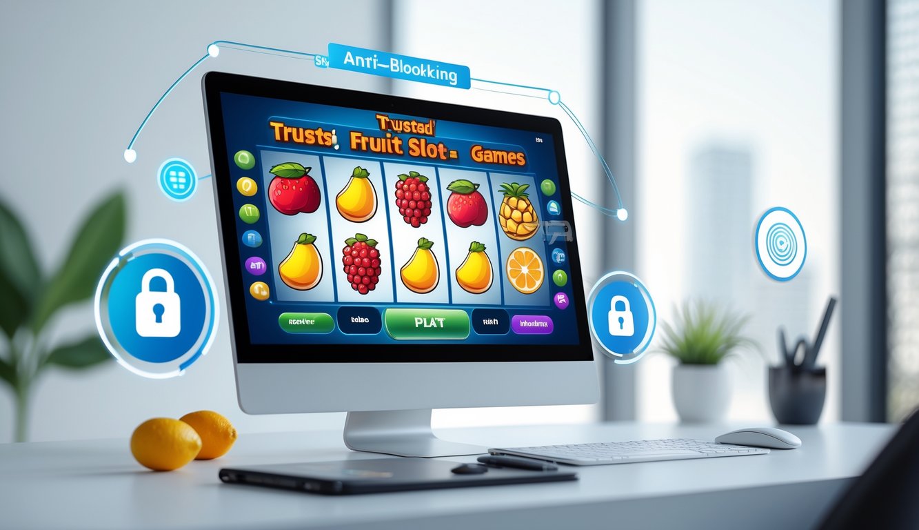 Seorang pengguna duduk di depan komputer yang menampilkan permainan slot buah dengan simbol keamanan dan koneksi internet yang stabil.