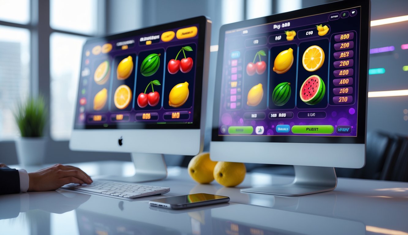 Seorang pengguna sedang bermain permainan slot buah online di komputer dan ponsel di atas meja yang rapi.