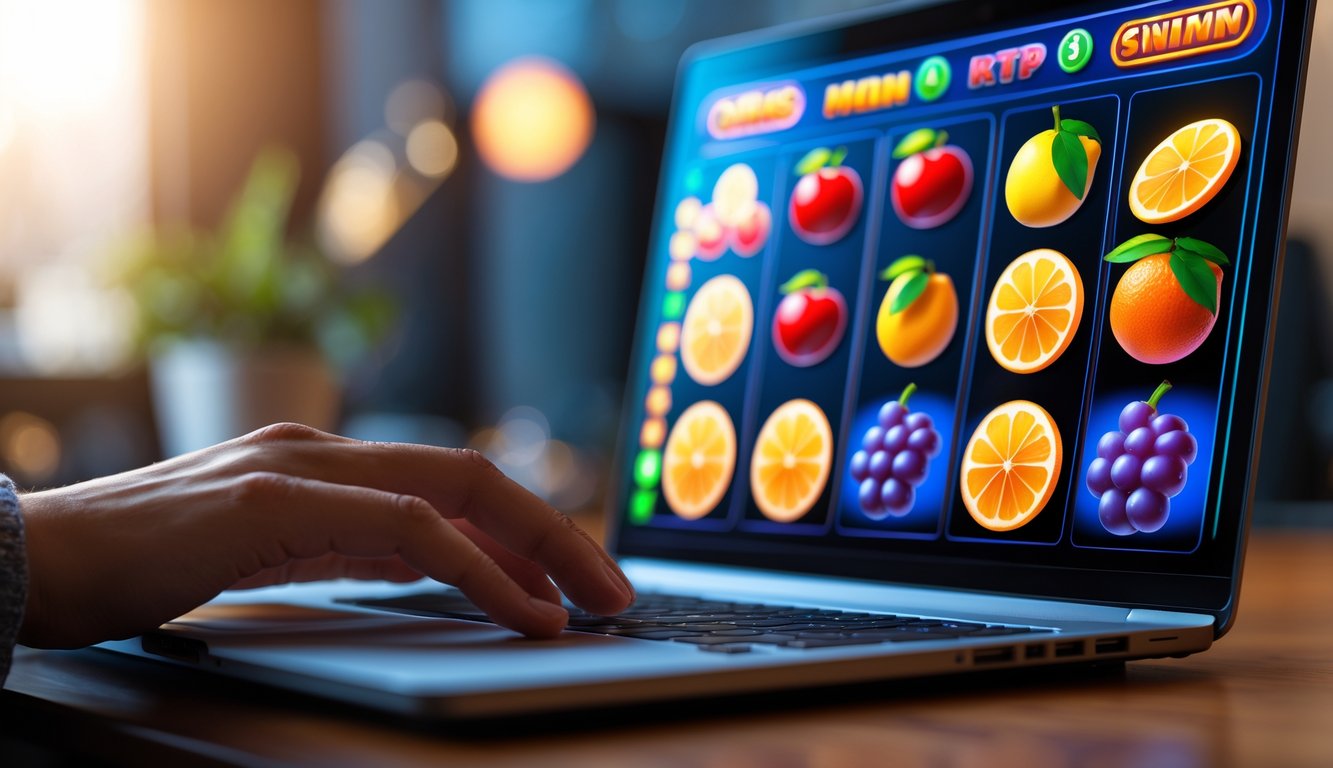 Sebuah layar komputer menampilkan permainan slot buah berwarna-warni dengan simbol buah seperti ceri, lemon, dan anggur dalam suasana ruangan yang nyaman dan terang.