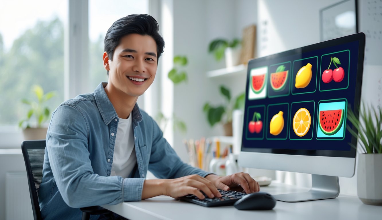 Seorang dewasa muda tersenyum duduk di depan komputer dengan ikon mesin slot buah di layar dalam ruangan kantor rumah yang terang dan rapi.