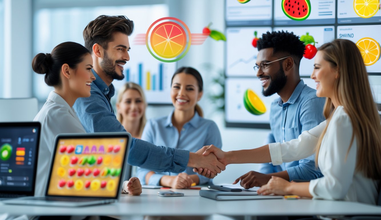 Sekelompok orang tersenyum dan berjabat tangan di kantor modern dengan layar komputer menampilkan ikon buah dari mesin slot online.