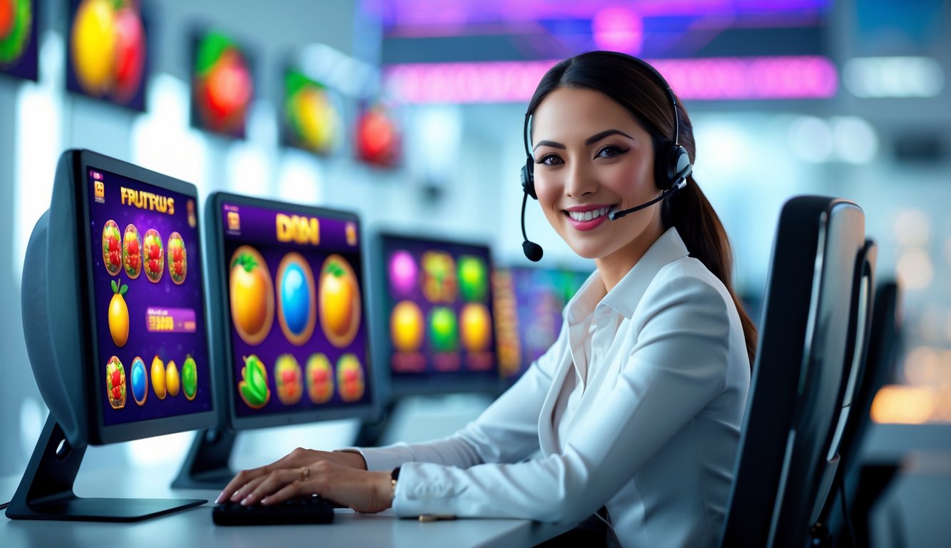 Seorang agen layanan pelanggan sedang duduk di meja dengan beberapa monitor komputer yang menampilkan permainan slot buah, tersenyum dan mengenakan headset di kantor modern.
