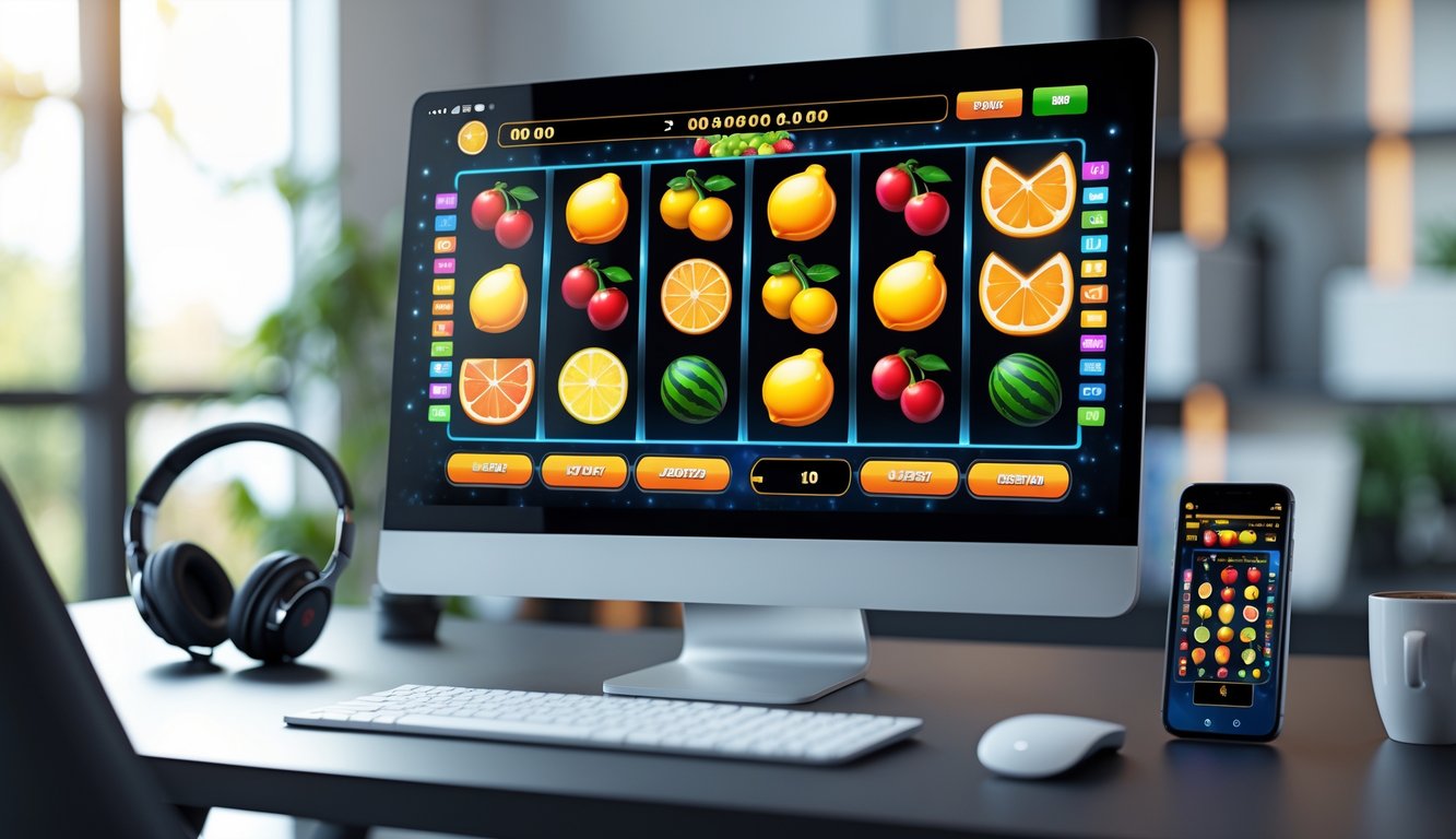 Seorang pemain menggunakan laptop dengan layar menampilkan permainan slot buah berwarna-warni di meja kerja yang rapi dan terang.