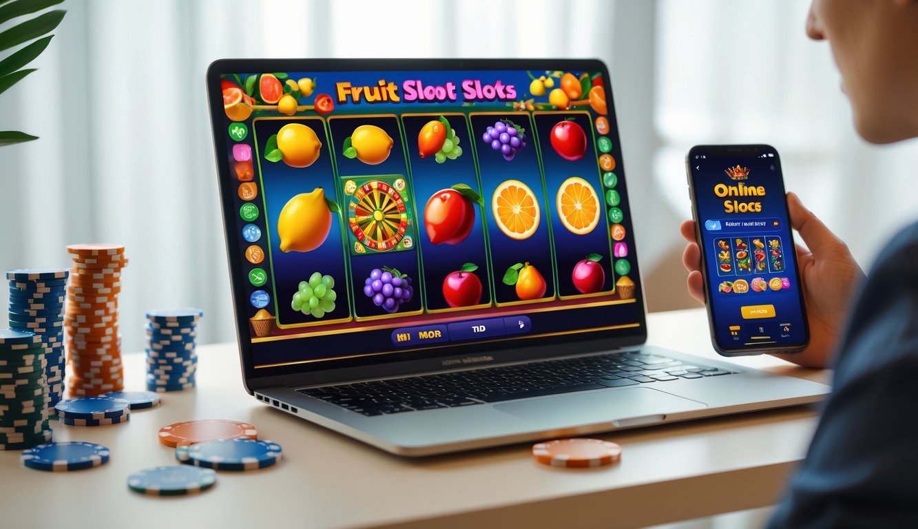 Seorang pengguna bermain permainan slot buah secara online di komputer dengan simbol buah berwarna-warni pada layar, di meja terdapat chip poker dan kartu remi.