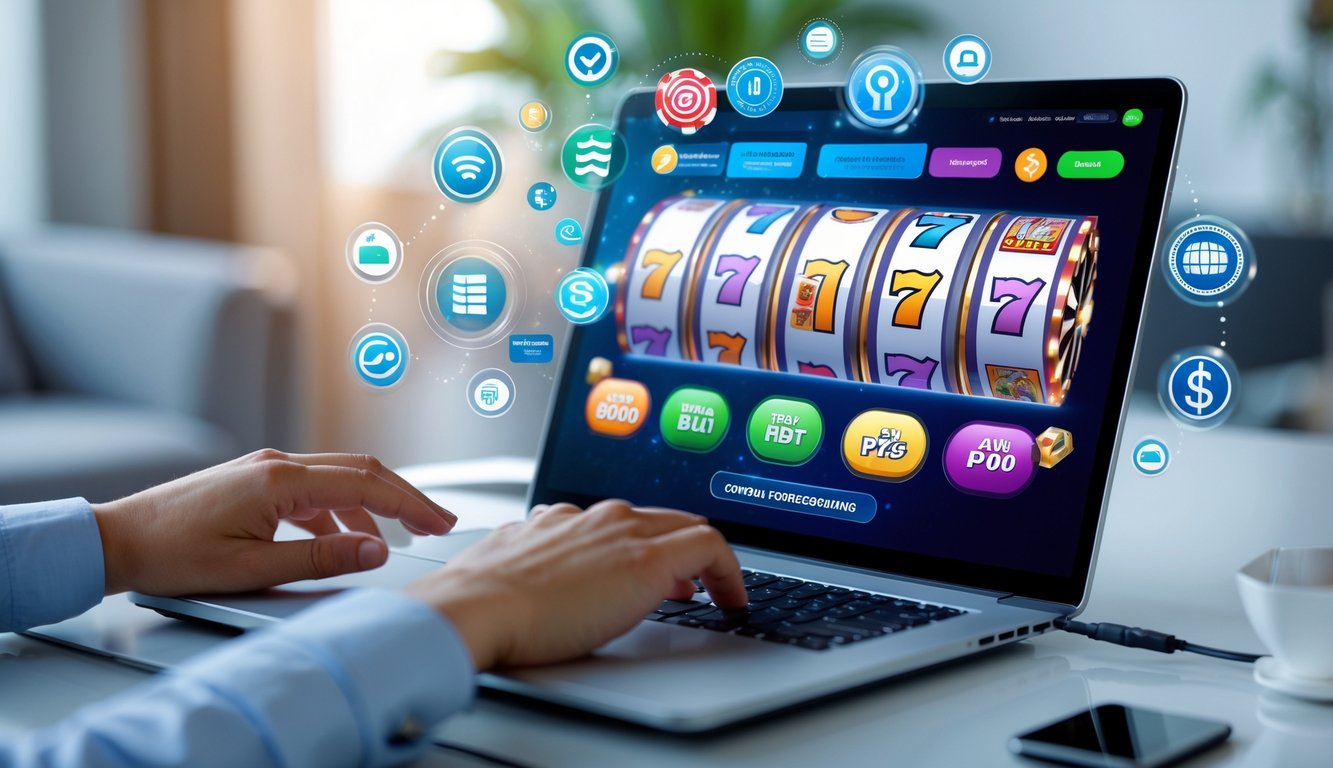 Seseorang menggunakan laptop dengan tampilan permainan slot online dan ikon metode pembayaran di latar belakang.