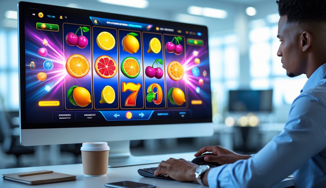 Seseorang menggunakan komputer dengan layar menampilkan permainan mesin slot buah yang berwarna-warni di ruang kantor yang terang.