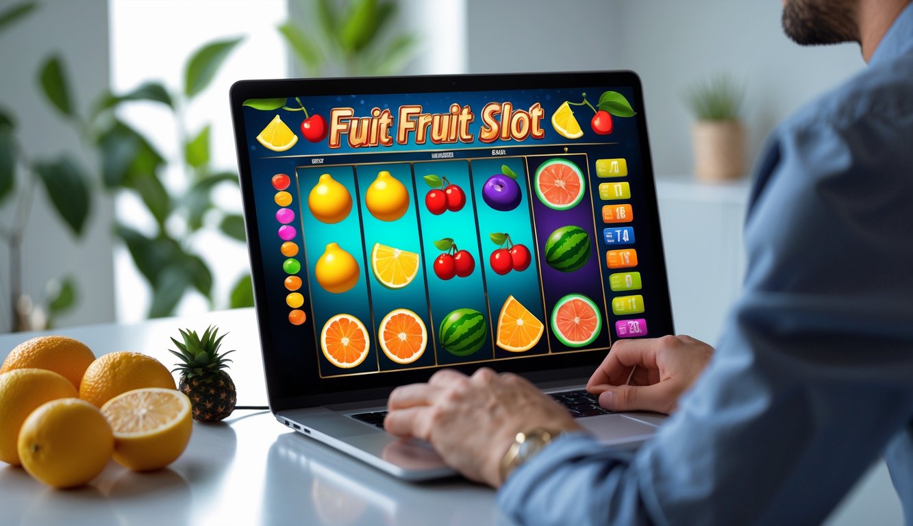 Seorang pengguna sedang bermain permainan slot buah online di layar komputer dengan ikon buah warna-warni yang terlihat jelas.