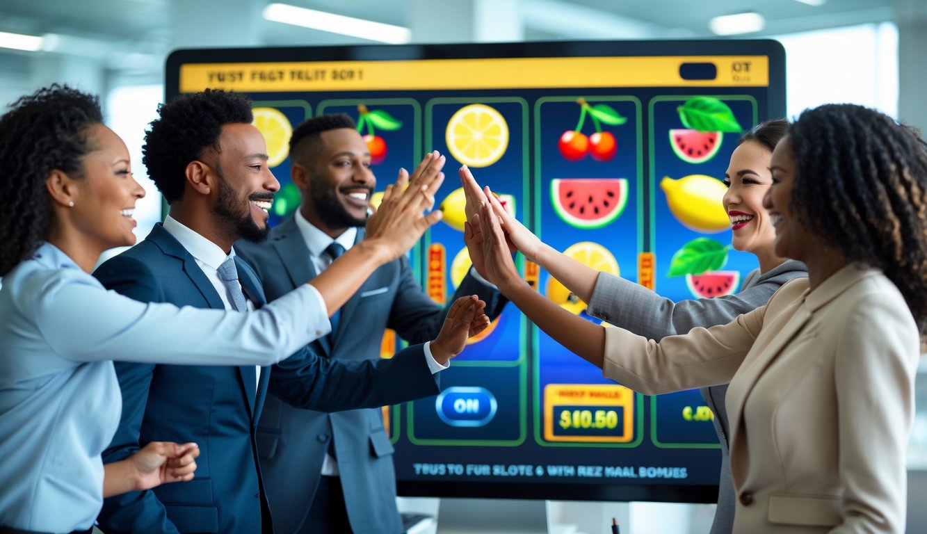 Sekelompok orang yang percaya diri merayakan kesuksesan di kantor modern dengan layar menampilkan permainan slot buah di latar belakang.