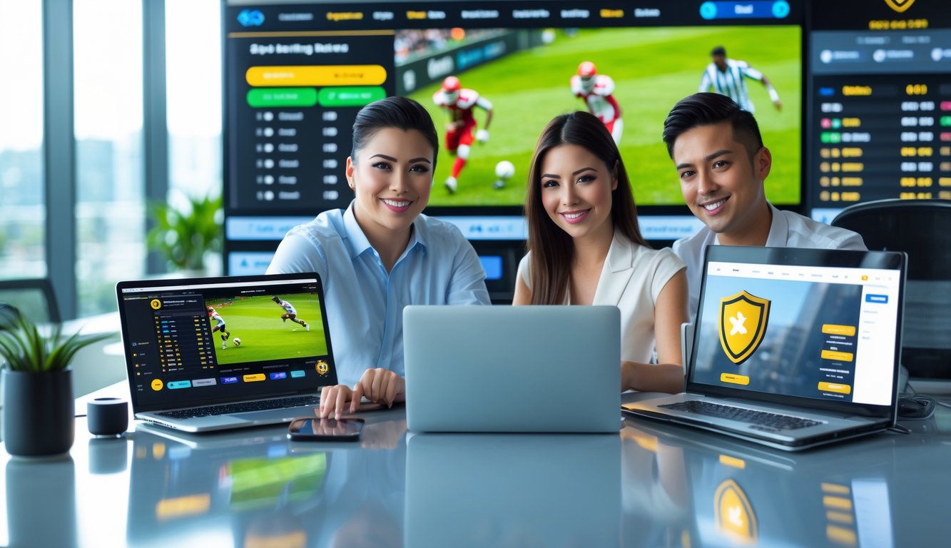 Dua orang muda duduk di meja dengan perangkat digital menampilkan acara olahraga langsung dan antarmuka taruhan olahraga.