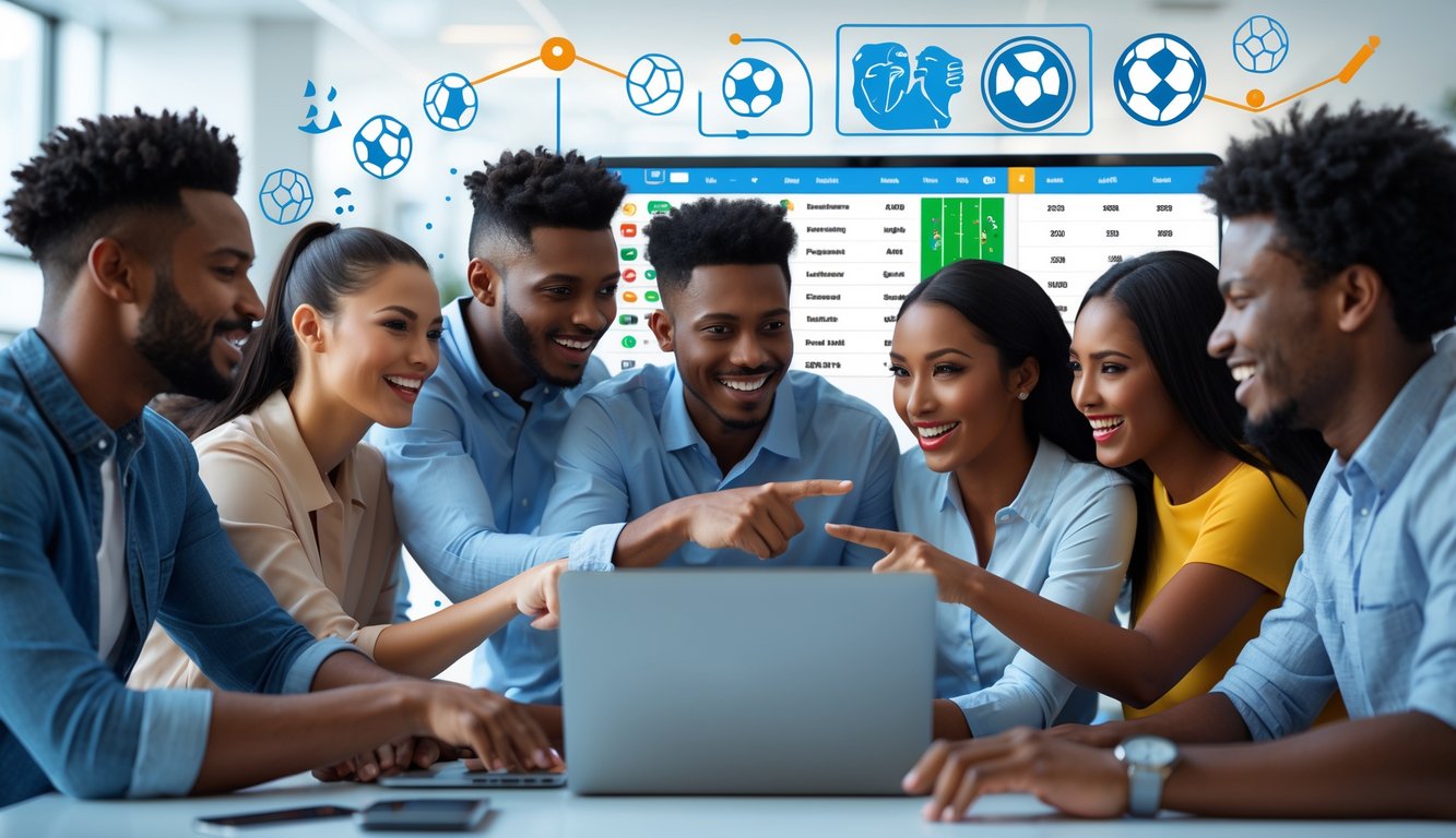 Sekelompok orang muda sedang berdiskusi di depan laptop dengan data olahraga di layar dalam suasana kantor modern.