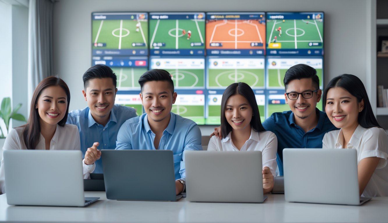 Sekelompok orang menggunakan perangkat digital untuk bertaruh olahraga online di lingkungan modern dan terang.