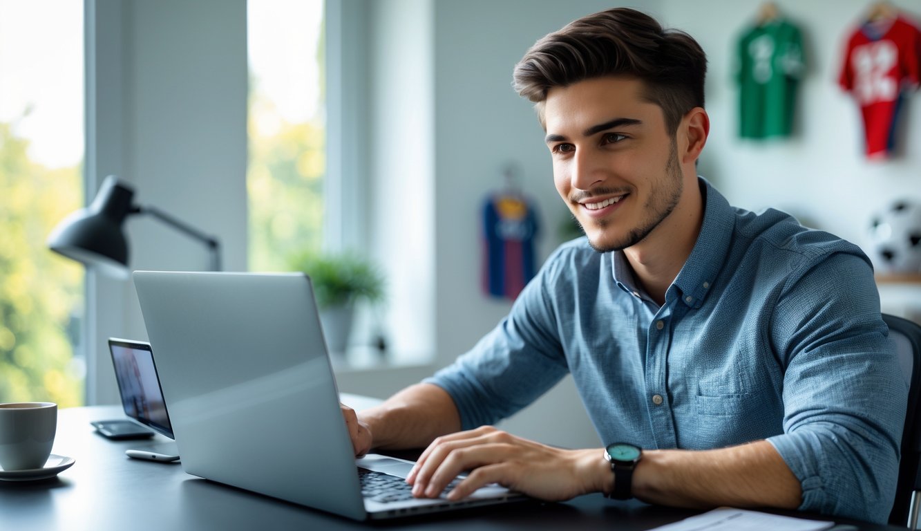 Seorang pria muda sedang menggunakan laptop di ruang kerja modern dengan suasana terang dan rapi.